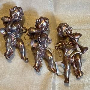 Set of (3) NWT Gold cherub angel w trumpet Christmas hanging ornaments 7” h x 4…